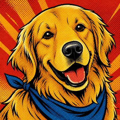 portrait of a golden retriever wearing a blue bandana, warm plain backdrop, no text