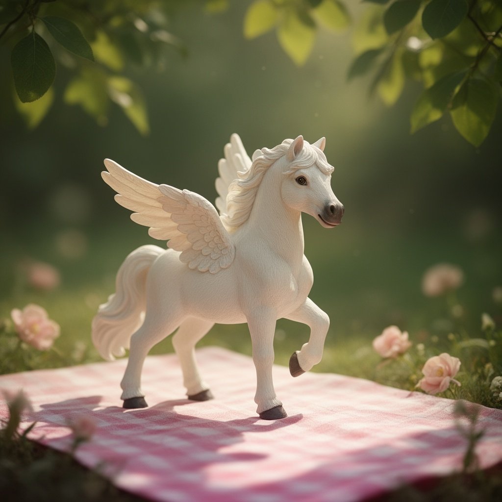 Tiny Spirit Horse Palm-sized mythical horse figurine, anatomically correct with gentle pose and calm expression, subtle wings, minimalist fantasy style, whimsical and serene, soft studio lighting with shallow depth of field, plain background, limited colors, high but restrained detail