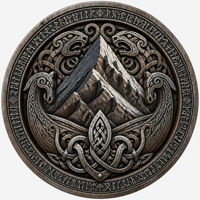 an emblem of a mountain peak inside a circle, simple bold shapes on a plain background, no text or lettering