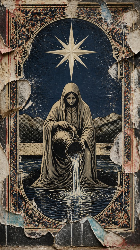a robed figure pouring water beneath a large eight-pointed star in a night sky, symmetrical composition with an ornate decorative border, no text