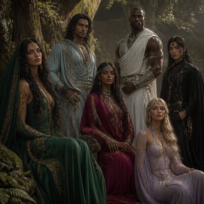 Je veux que tu me fasses des divinités au pluriel, un peu genre ancien très majestueux, mais qu’il soit pas genre vieux genre vers les 40 ans, on commence avec une femme, les cheveux noirs, les yeux verts, elle est habillé en voile vert avec des bijoux doré, ensuite un brin, les cheveux un peu longs noir, genre vraiment mi long, il a l’air un peu perse iranien , il est habillé en bleu ciel avec un peu de doré. Ensuite tu fais une femme, les cheveux noirs, une robe magenta, bordeaux . Bijoux argenté. Un autre homme noir hyper grand et muscles genre enorme . Habillé en blanc et argenté. Un autre homme plus maigre habillé en noir il est asiatique tres sombre et enfin une femme rose pourpre ou violet claire qui est blonde et or rose ou argenté 