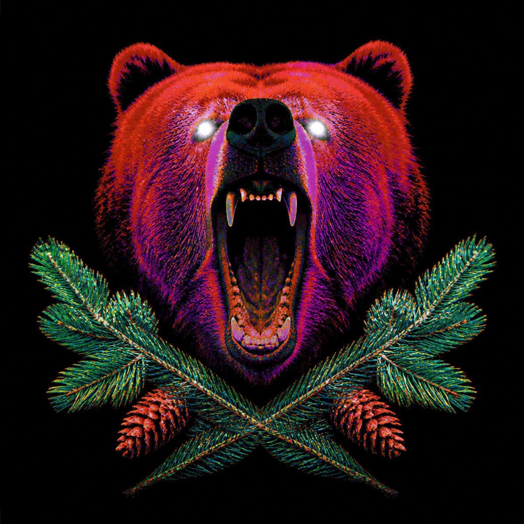 a roaring bear head above crossed pine branches, bold graphic composition on a plain background, no text
