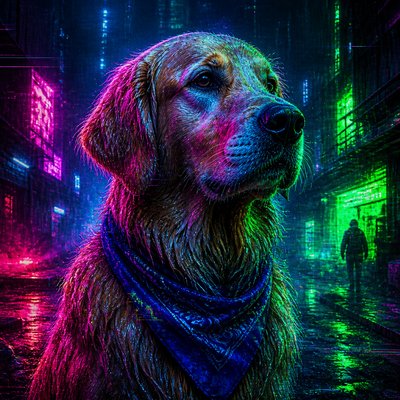 portrait of a golden retriever wearing a blue bandana, warm plain backdrop, no text