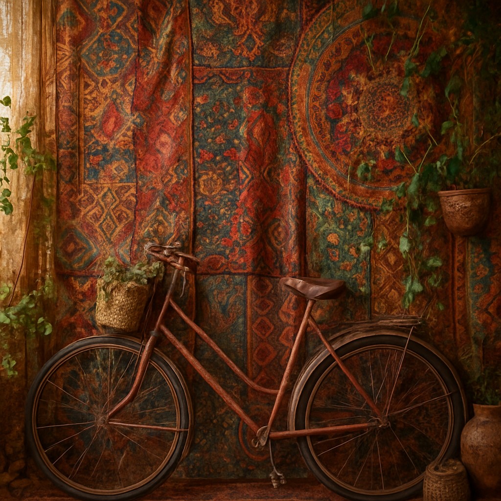 bicyle resting against a wall