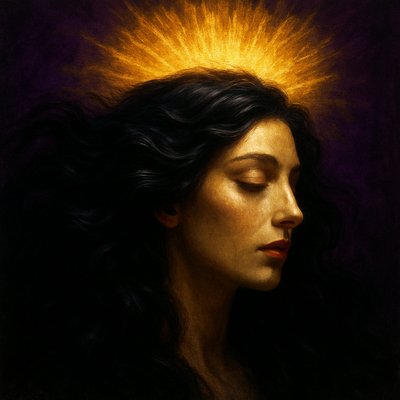 A dramatic, close-up, high-contrast portrait inspired by Song of Songs 5:11. The subject's head is crowned with dramatically wavy hair that is intensely, intensely black—like the glossy feathers of a raven. A radiant, ethereal golden light emanates from the crown of the head, casting a dramatic glow. This golden light is surrounded by a rich, powerful aura of royal deep purple and mysterious black shadow. The portrait should emphasize the texture and depth of the black hair, contrasting sharply with the bright gold and the saturated purple surrounding the subject. The style should be elegant, opulent, and symbolic, focusing purely on the aesthetic of divine beauty and royal power