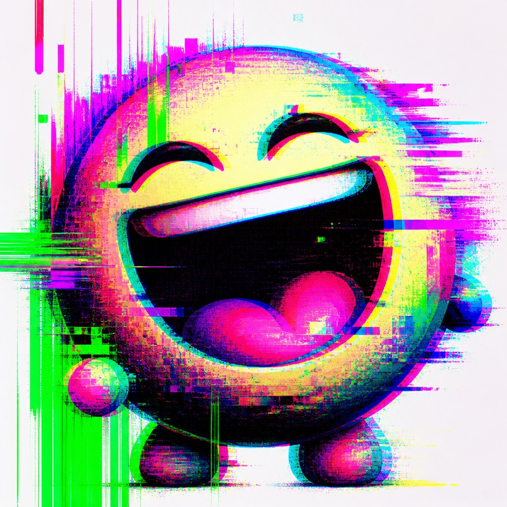 an exaggerated laughing face of an original round mascot character, bold and readable at small size, plain background, no text