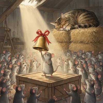 Whimsical Storybook Illustration Style, Warm Color Palette, Soft Textures and Detailed Linework. A wide-angle view of a secret, crowded meeting of dozens of anthropomorphic field mice taking place on an upturned wooden crate in the corner of a cluttered, dusty barn.

The Focal Point (The Plan): In the center of the crate spotlighted by a beam of sunlight coming through a crack in the roof, a small, earnest mouse stands on its hind legs, triumphantly holding aloft a shiny brass sleigh bell tied with a bright red ribbon. The bell looks impossibly large and heavy for the mouse.

The Reaction (The Hesitation): The surrounding crowd of mice is a mix of emotions. Some in the front row are cheering with tiny paws raised. However, many others towards the back are exchanging nervous, sidelong glances, scratching their heads, or looking fearfully over their shoulders.

The Threat (The Reality): In the background, on top of a high stack of hay bales, a giant, fluffy tabby cat is fast asleep. Though sleeping, its size and sharp claws are evident, casting a shadow over the edge of the meeting area. The contrast between the small, shiny bell and the enormous sleeping predator is central to the image.