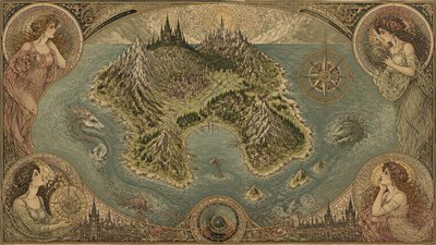 a map of an island realm with mountains, forests, a sheltered bay, sea monsters in the water and a compass rose, no text labels