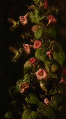 a climbing vine of flowers and hummingbirds on a dark background, tall wrapping composition, no text