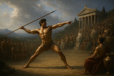a painting of a man holding a sword in front of a crowd of people