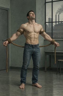 a man holding a rope in a room