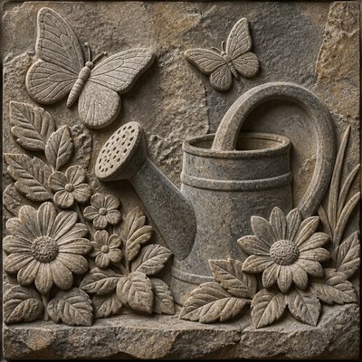 a garden scene with butterflies, flowers and a watering can, clean uncolored line art, no text