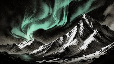 a flowing aurora over snowy peaks, wide sweeping composition, no people, no text