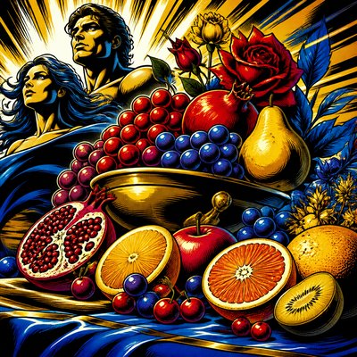 still life arrangement of fruits and flowers