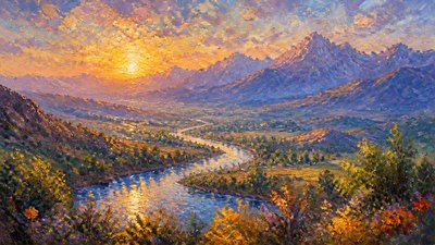 a vast valley with a river winding toward distant mountains at sunrise, no people, no text