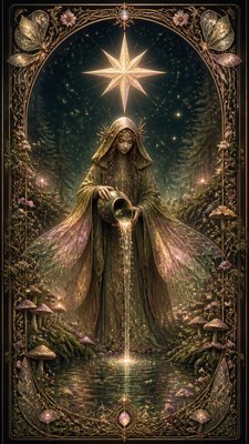 a robed figure pouring water beneath a large eight-pointed star in a night sky, symmetrical composition with an ornate decorative border, no text