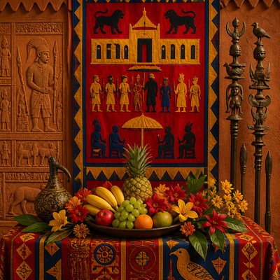 still life arrangement of fruits and flowers