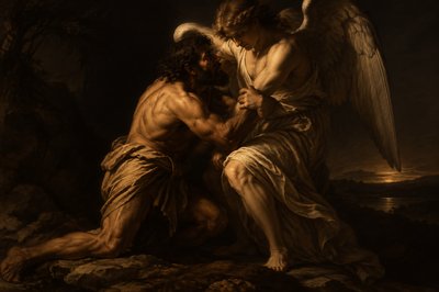 Jacob without weapon or covering wrestles with an angel throughout the night