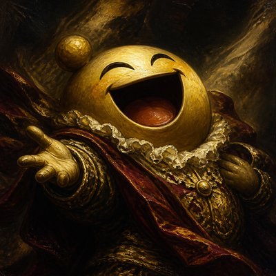 an exaggerated laughing face of an original round mascot character, bold and readable at small size, plain background, no text