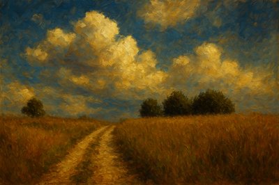a painting of a dirt road in a field