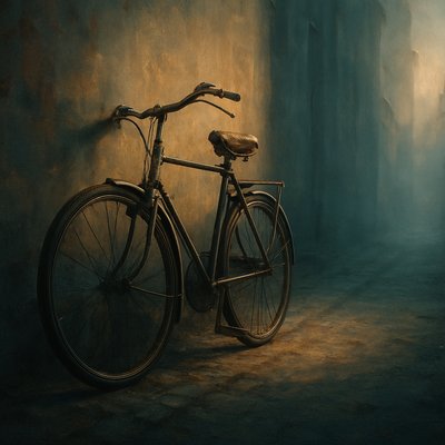 bicyle resting against a wall