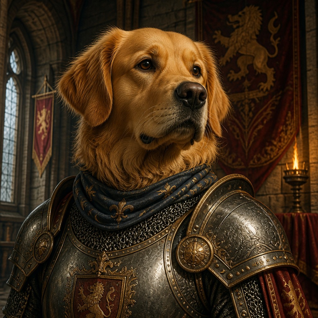 portrait of a golden retriever wearing a blue bandana, warm plain backdrop, no text