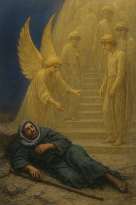 a painting of a man laying on the ground