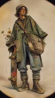 full-body original character: a wandering botanist with a satchel of plants, a patched green cloak, tall boots and round glasses, neutral background