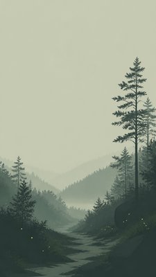 a mysterious forest path with fireflies and drifting mist, atmospheric vertical composition with open space at the top, no text