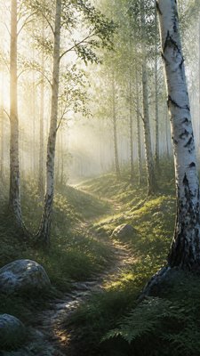a serene birch forest in soft morning light, no people, no text