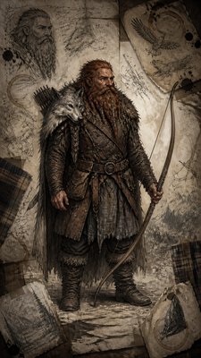 full-body original character: a dwarven ranger with a braided auburn beard, worn leather armor, a longbow and a wolf-pelt cloak, neutral background, no text