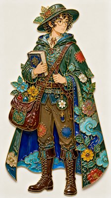 full-body original character: a wandering botanist with a satchel of plants, a patched green cloak, tall boots and round glasses, neutral background