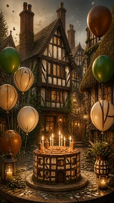 a birthday cake with lit candles surrounded by balloons and confetti, festive vertical composition, no text