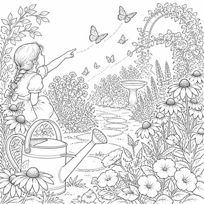 a garden scene with butterflies, flowers and a watering can, clean uncolored line art, no text
