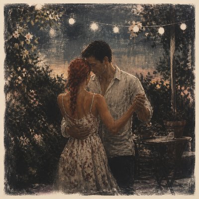 an original couple dancing under string lights in a garden at dusk: a man with short black hair in a linen shirt and a woman with braided red hair in a summer dress