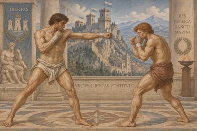 a painting of two men fighting each other