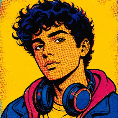 head-and-shoulders portrait of an original character: a young man with curly dark hair and headphones around his neck, plain backdrop, no text