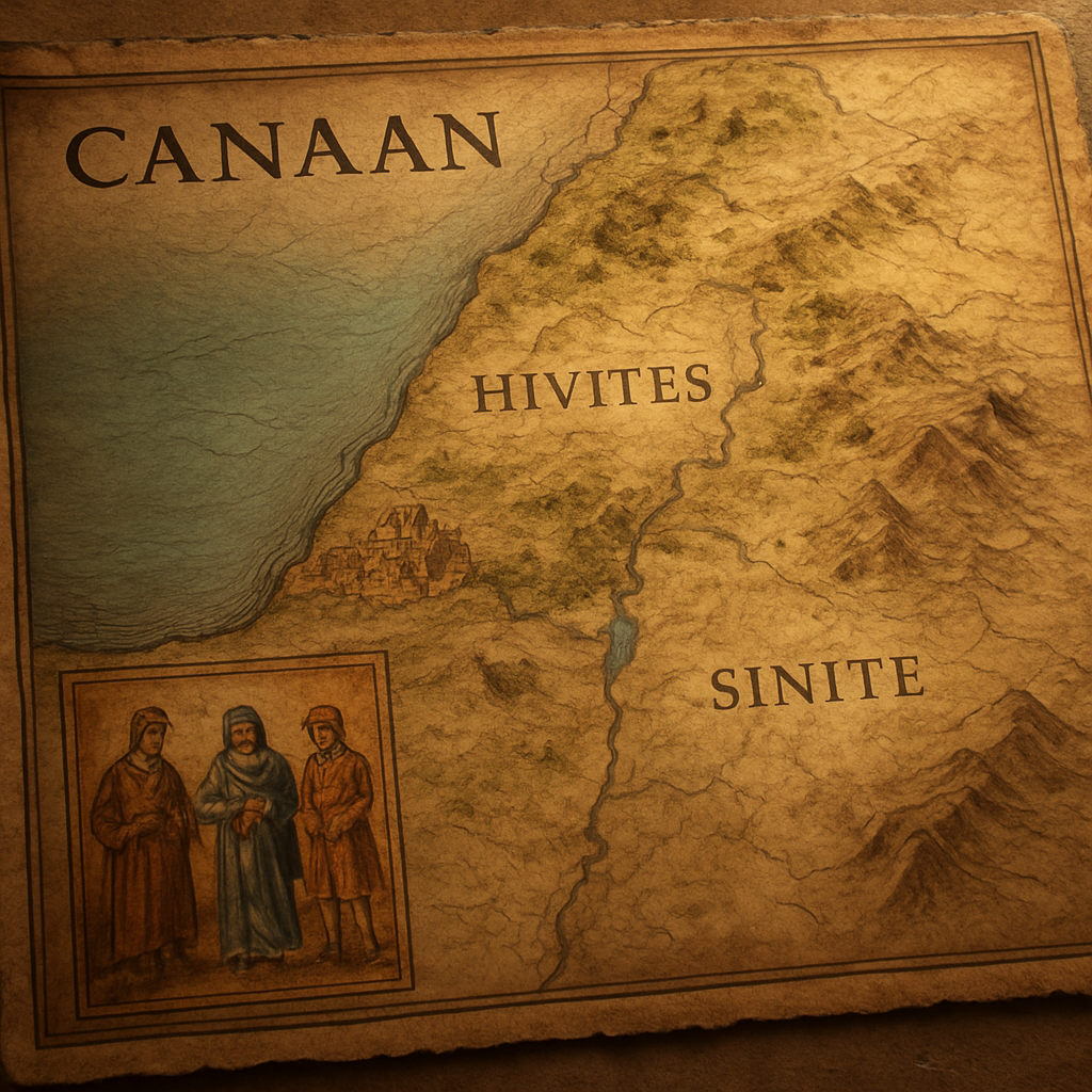 A detailed, ancient-style map of the land of Canaan, with distinct, labeled territories for the Hivites, Arkite, and Sinite people groups. Each territory should have subtle visual cues reflecting their possible historical characteristics or natural environments. For example, the Hivite territory could show some hilly or forested areas, the Arkite territory might feature a coastal city, and the Sinite territory could suggest a more inland or mountainous region. The map should have a weathered, parchment-like texture, with an elegant, old-world font for the labels. In one corner, a small, illuminated manuscript-style illustration could depict three distinct figures, each subtly representing one of the groups, perhaps dressed in period-appropriate attire and engaging in an activity typical of their region. The overall aesthetic should evoke historical scholarship and cartography."