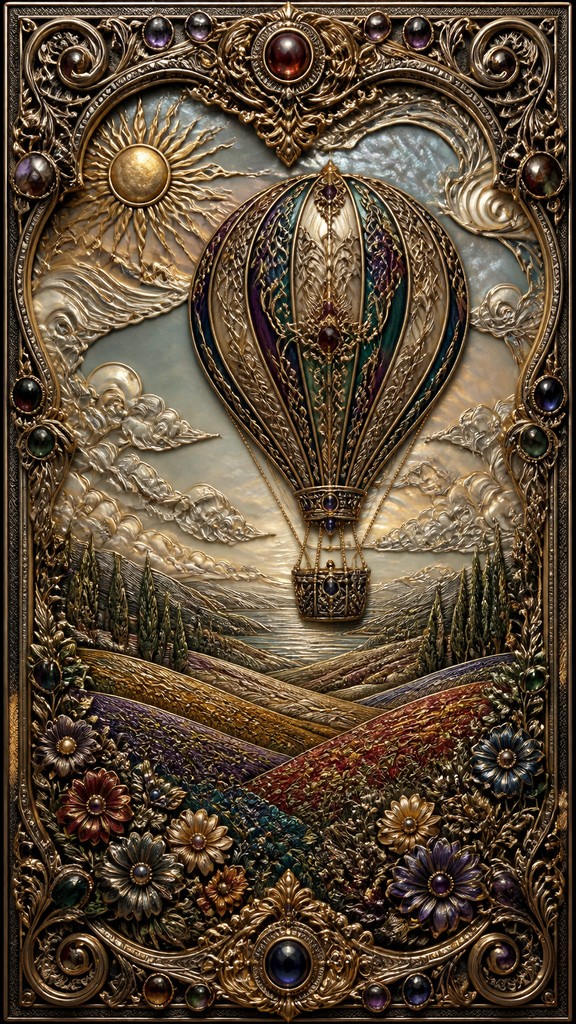 a hot air balloon drifting over rolling flower fields on a sunny day, cheerful, no text