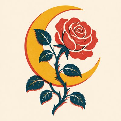 a rose entwined with a crescent moon, clean balanced composition on a plain background, no text