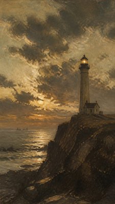 a lone lighthouse on a cliff at dusk under a dramatic sky, no text or lettering