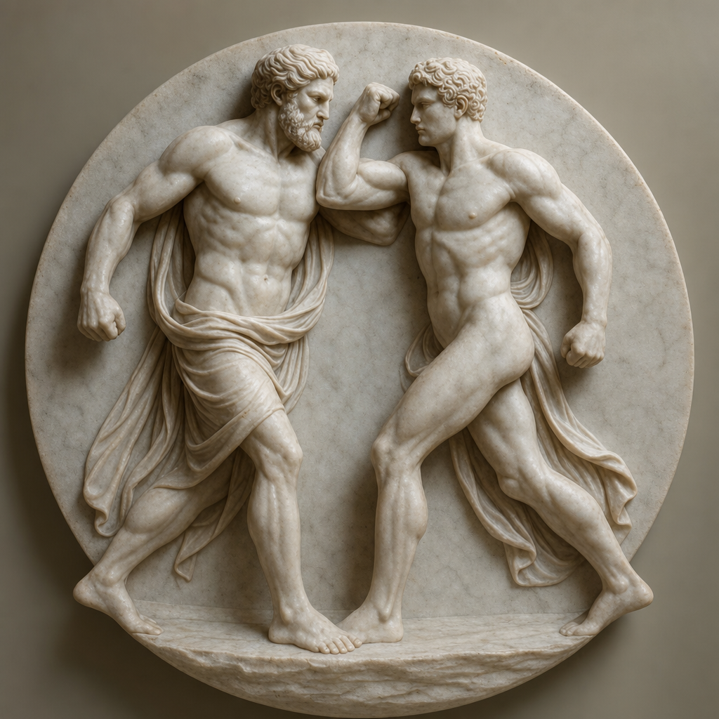 a statue of two men fighting each other
