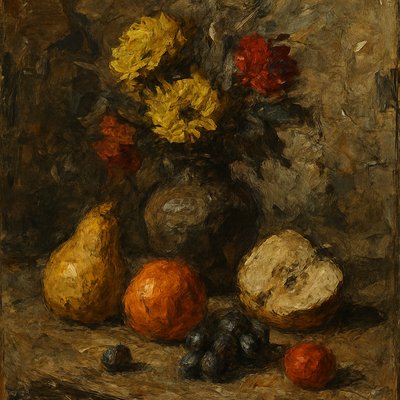 still life arrangement of fruits and flowers