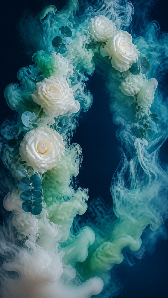 an arch of white roses and eucalyptus in soft morning light, elegant vertical composition with open space, no text