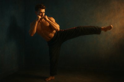 a man doing a kickbox pose in a dark room