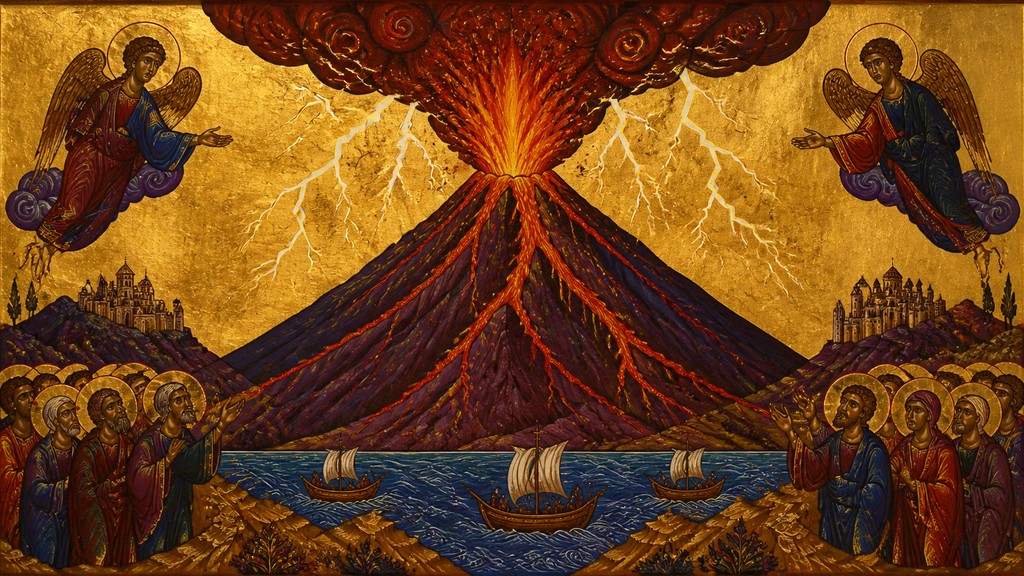 an erupting volcano with lightning strikes, dramatic wide composition, no text