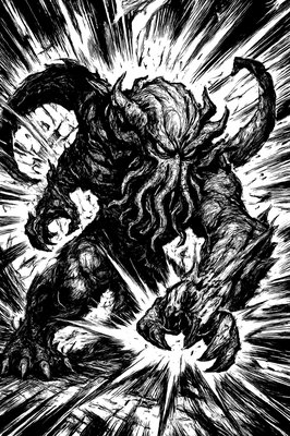 a green and brown monster with horns on it's head