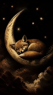 a sleeping baby fox curled on a crescent moon among soft stars, gentle and warm, no text
