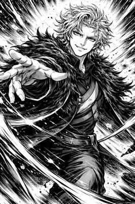 a black and white drawing of a man with a sword