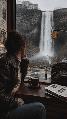 towering waterfall cascading down a cliff